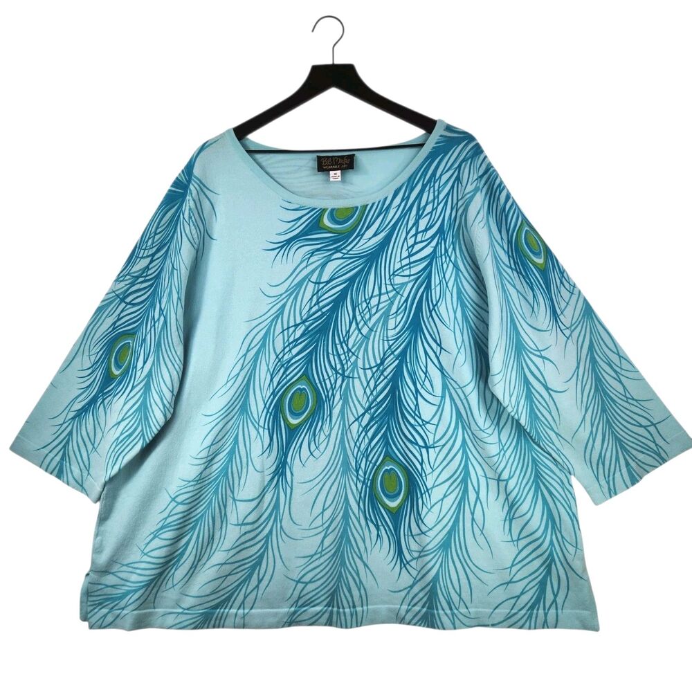 Bob Mackie Wearable Art Light Sweater 3X Peacock Feather Print Spring Chic Bold